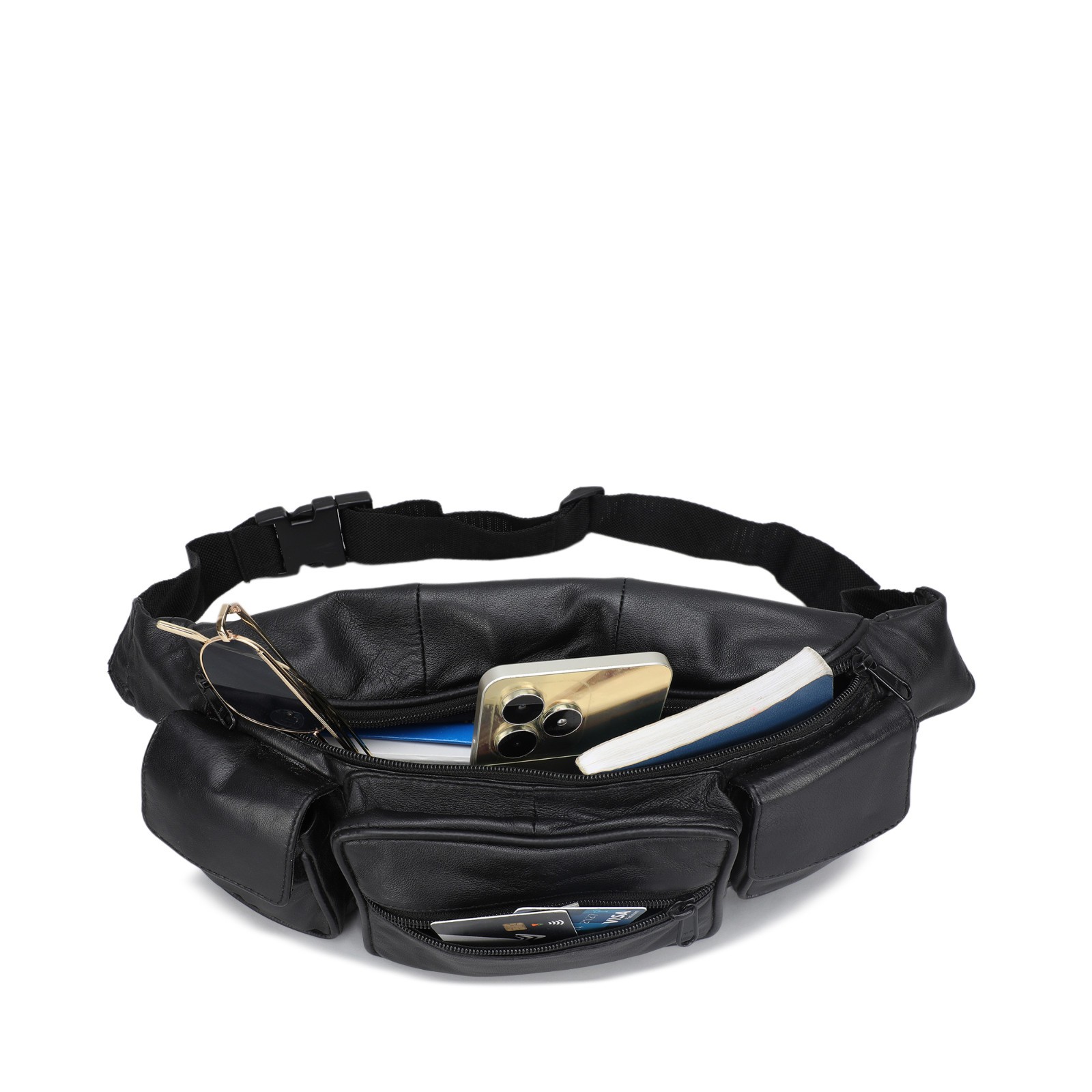 Large Black Solid Leather Waist Fanny Pack Belt Bag Travel Hip Purse Mens Women