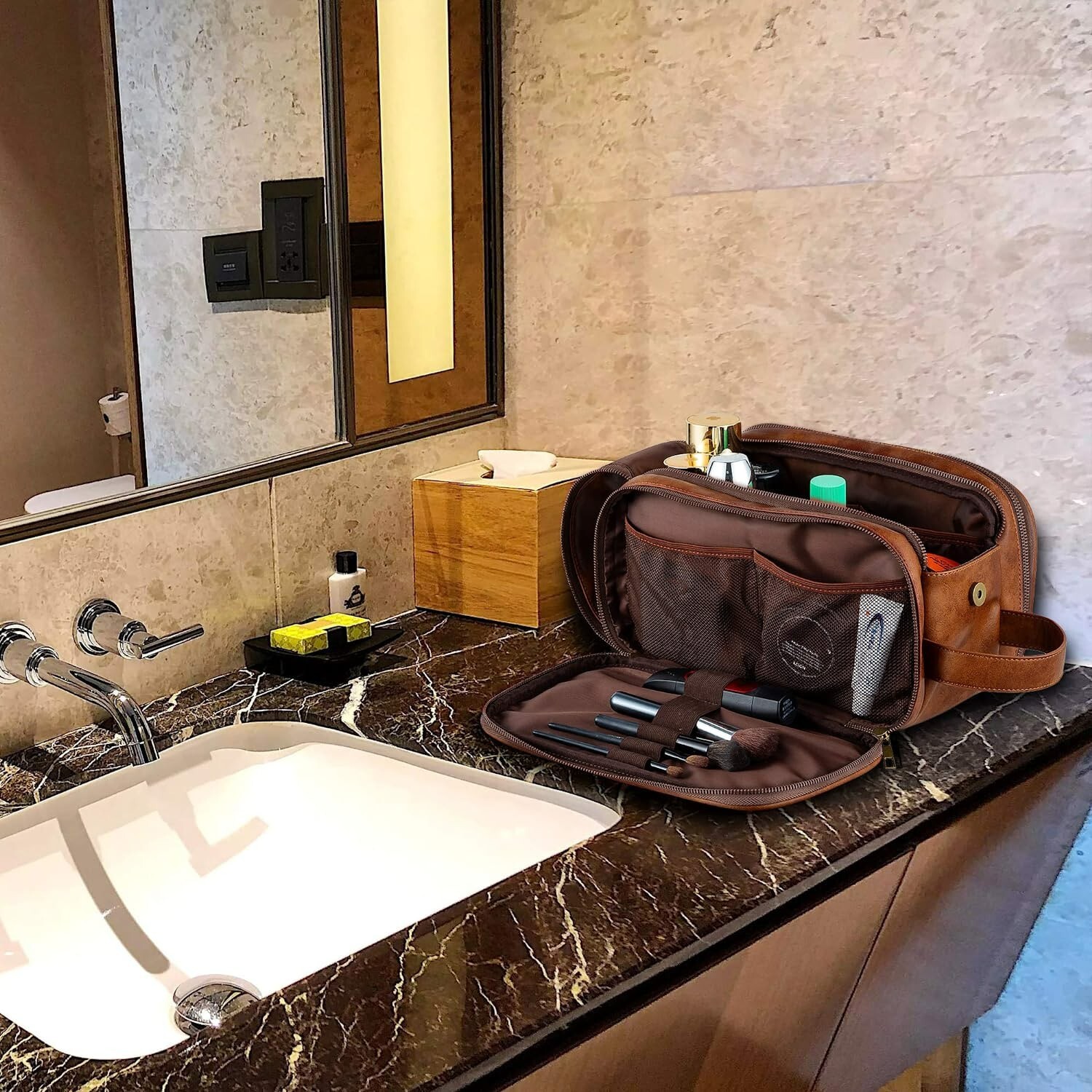 Elviros Toiletry Bag for Men Large Travel Shaving Dopp Kit Organizer PU Leather