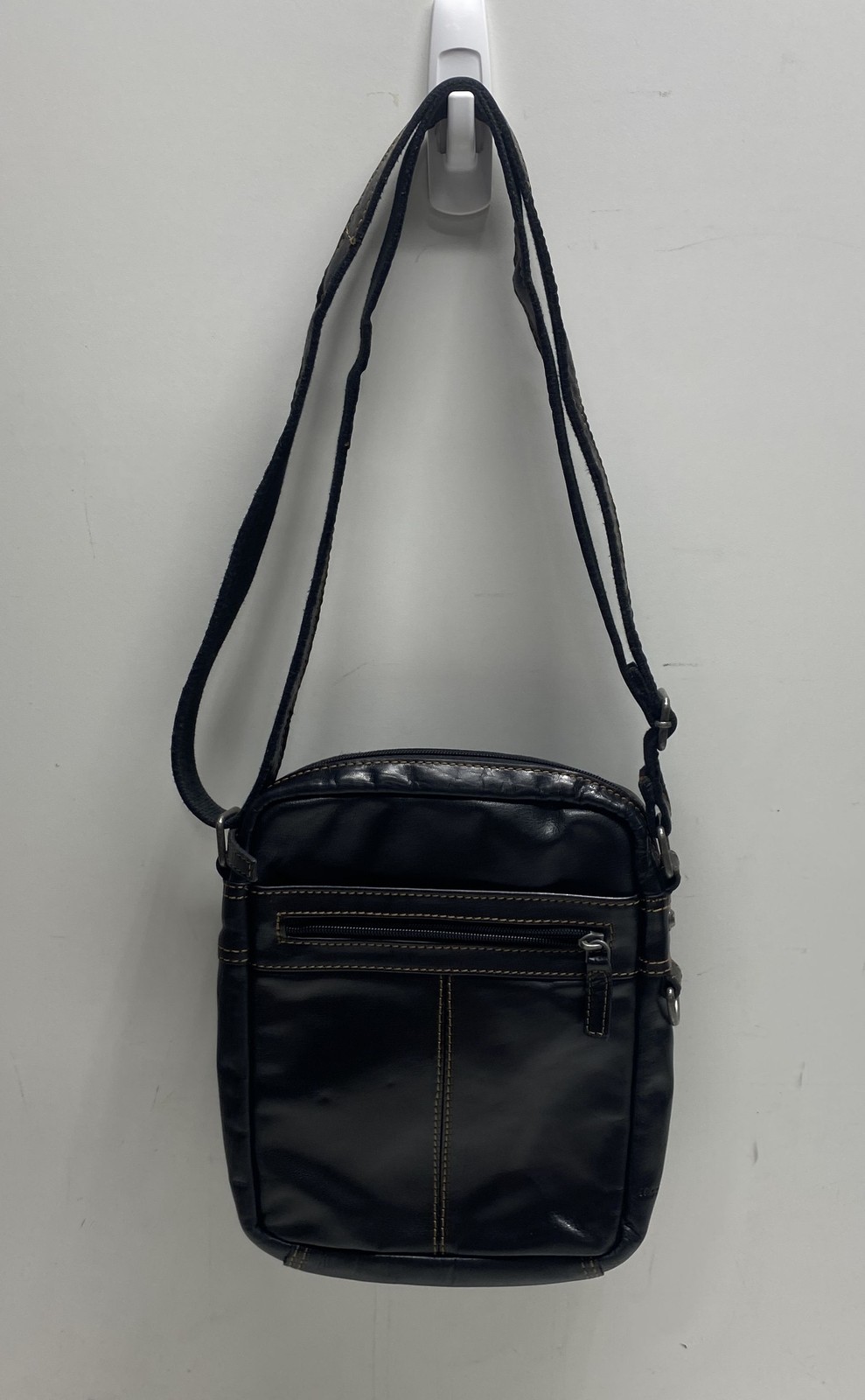 Jack Georges Black Leather North South Crossbody Messenger Bag Tan Stitching