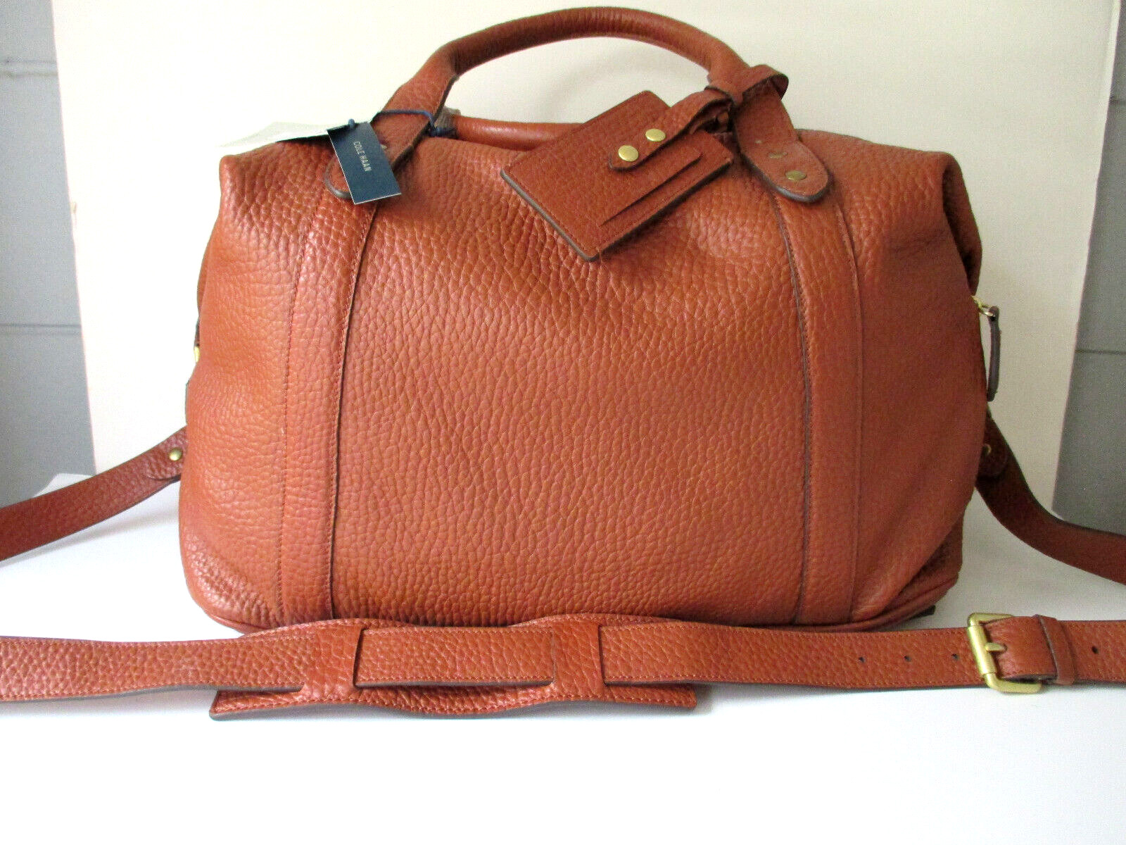 Cole Haan Duffle Bag Brown Pebbled Leather Removable Strap Zipper Close