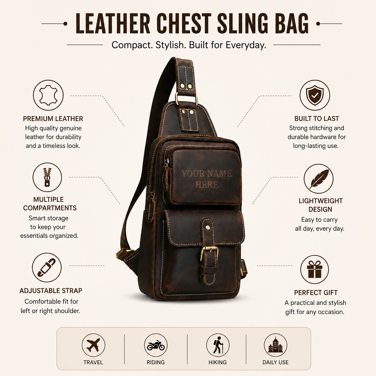 Personalized Brown Leather Shoulder Pack Mens Vintage Travel Chest Day Bag