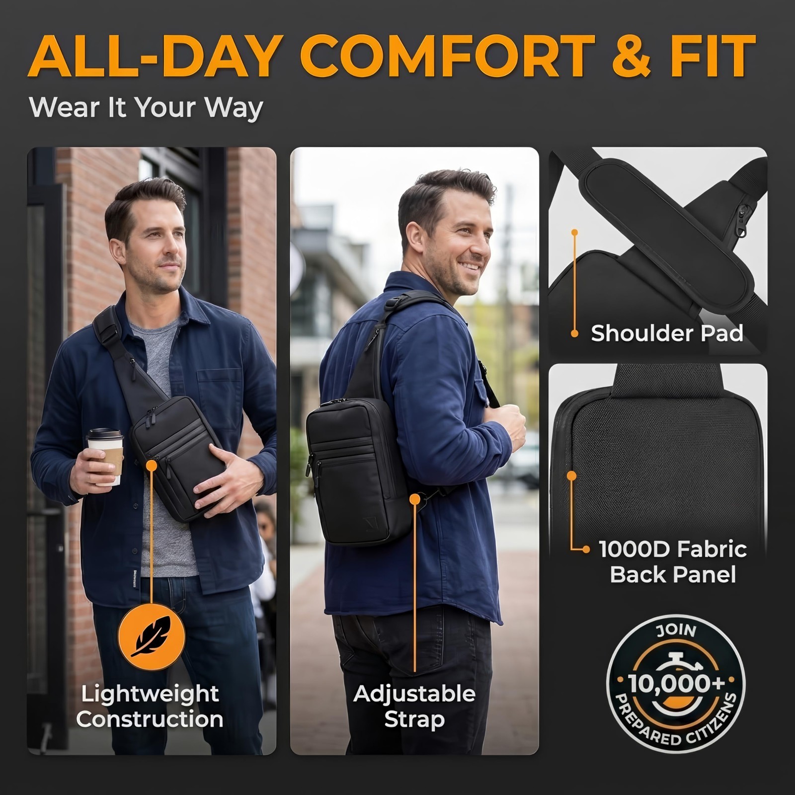 Sling Carry Bag for Men – Quick Access Tab, 4 Accessory Slots, Waterproof Zipper