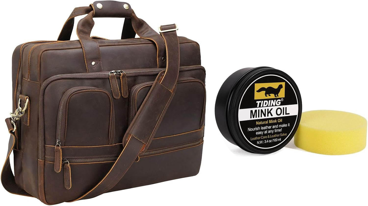 Men’s 18″ Full Grain Leather Briefcase & Mink Oil Conditioner Bundle