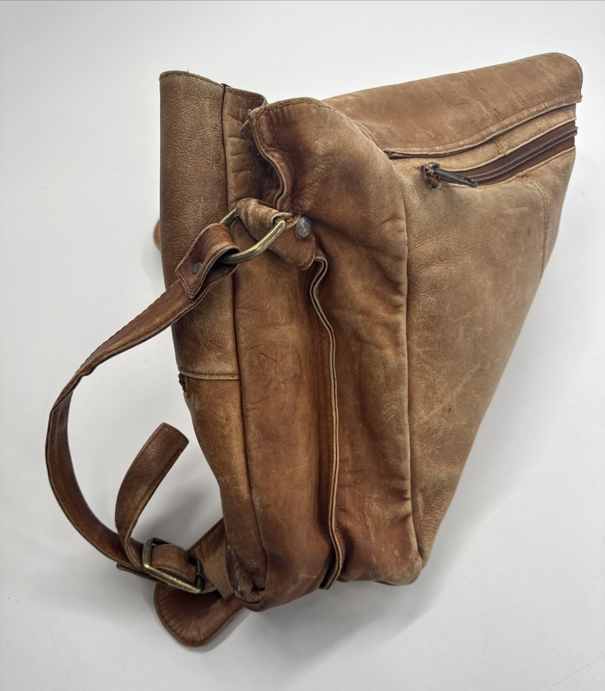 Boulder Ridge Messenger Bag Tan Cowhide Leather Plaid Lined Pockets Distressed
