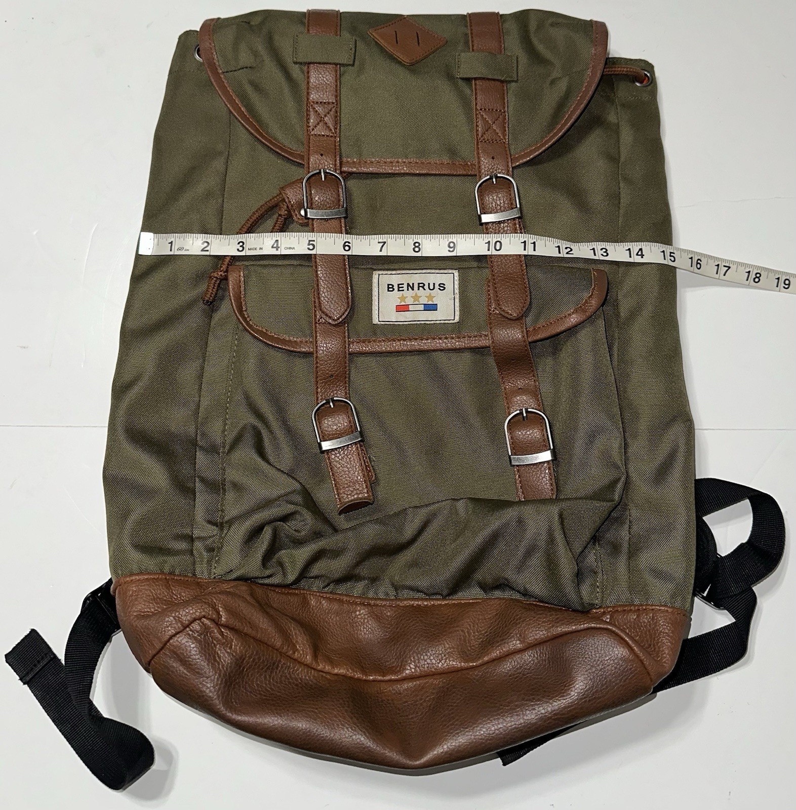 Vintage BENRUS Heritage Scout Backpack Green Brown Faux Leather Trim Excellent