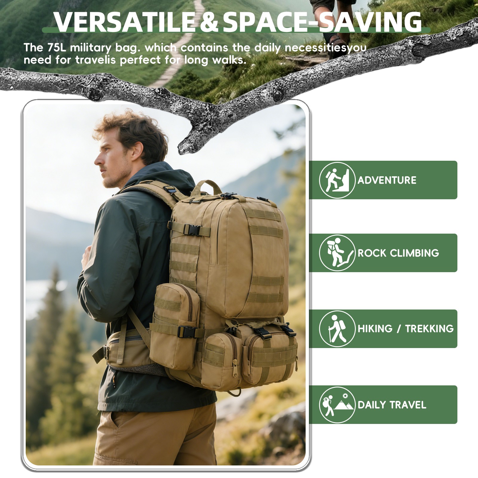 75L Large Military Tactical Backpack for Men Camping Hiking Waterproof Backpack