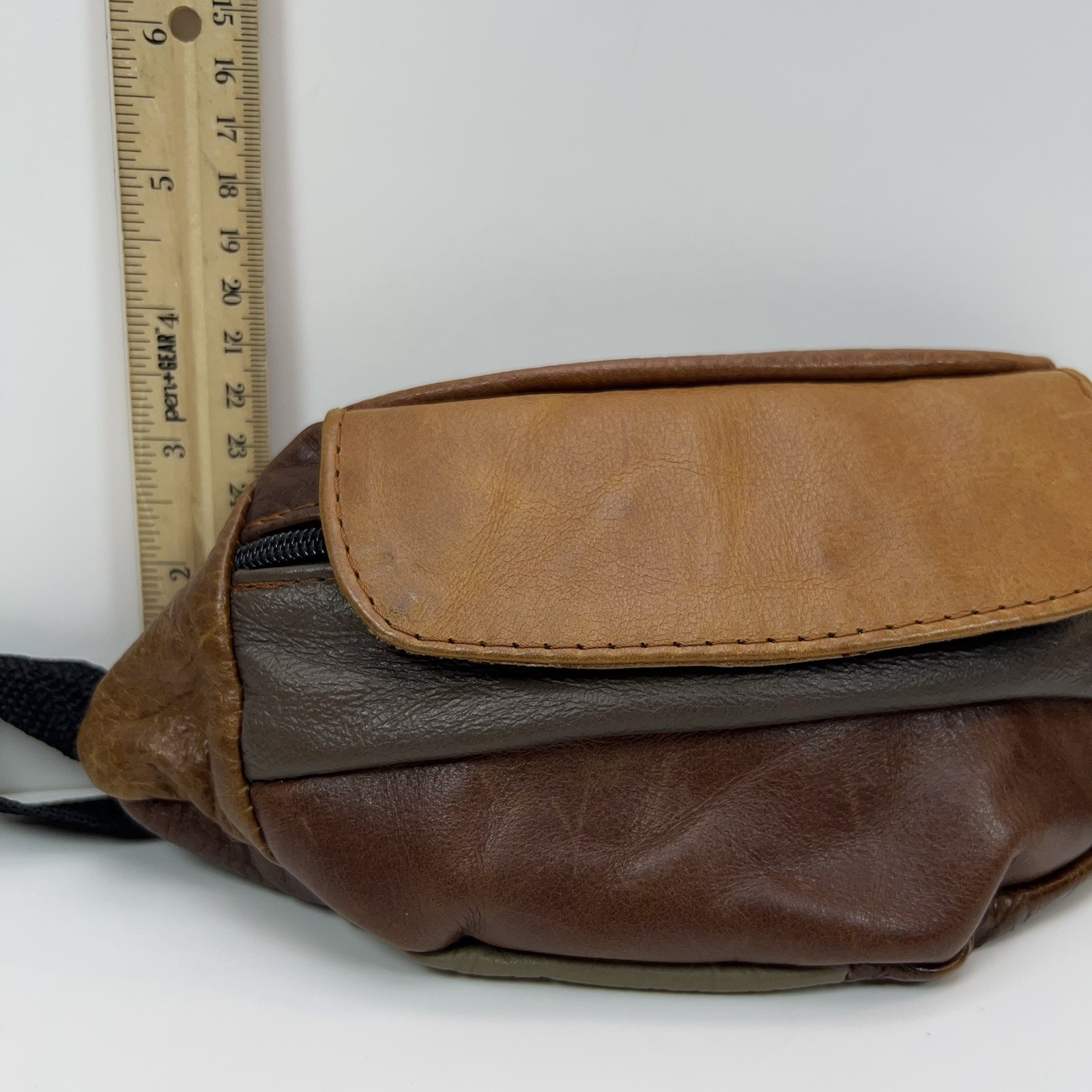 Vtg LEATHER Fanny Pack 90s Suede Patchwork Brown Waist Bag Straps Multi Pockets