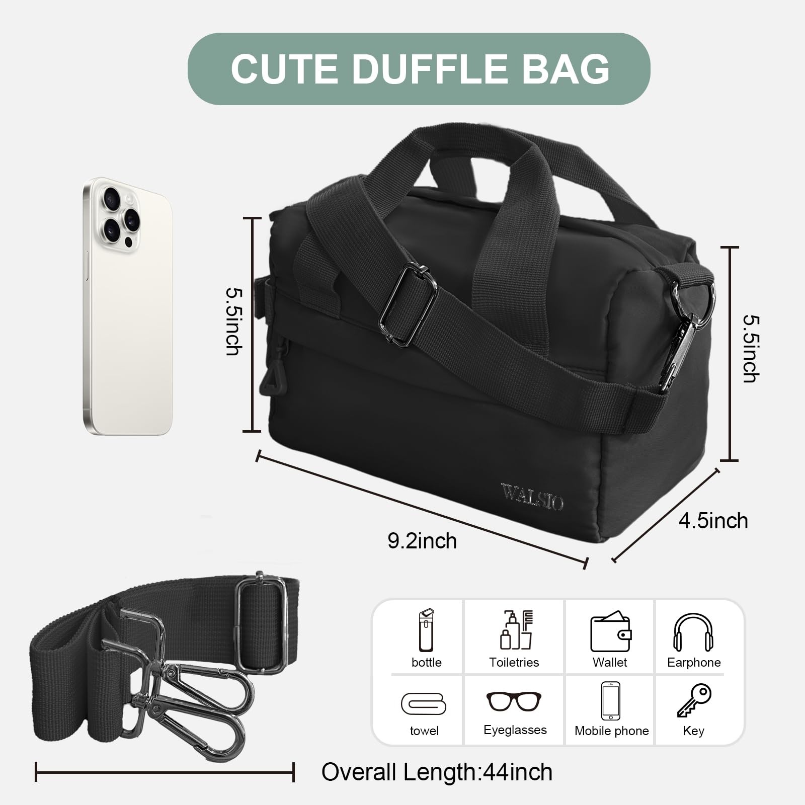 Small Gym Bag Mini Duffle Bag Adjustable Strap Lightweight Sport Black 9in
