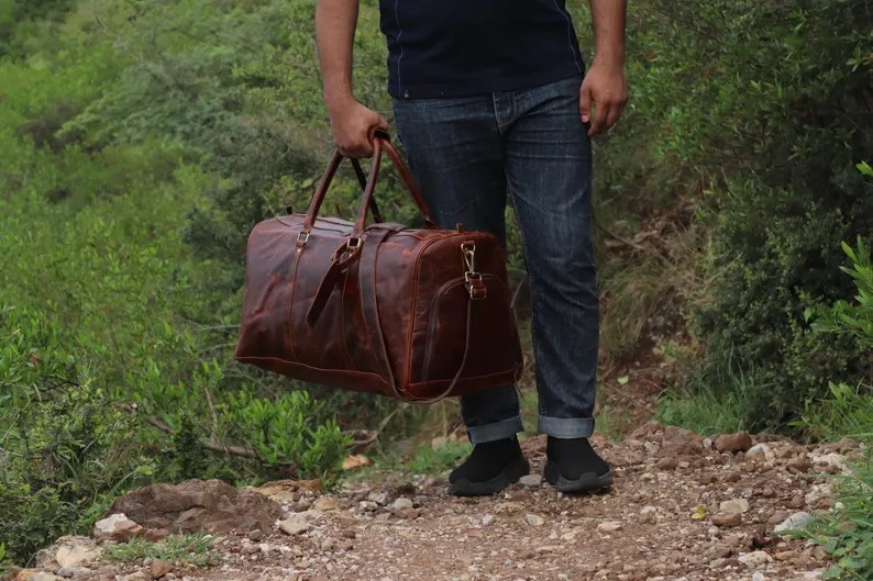 Buffalo Leather Duffle Bag| Genuine leather weekender bag brown| Leather holdall
