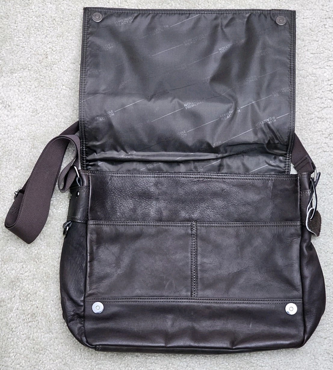 Kenneth Cole Reaction brown leather flap over messenger bag with magnetic snaps