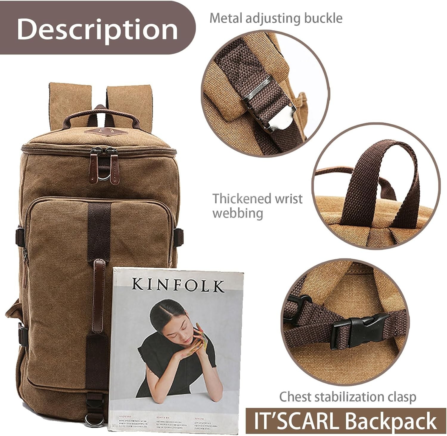 Large Canvas Travel Backpack for Men Carry On Work Bag Khaki