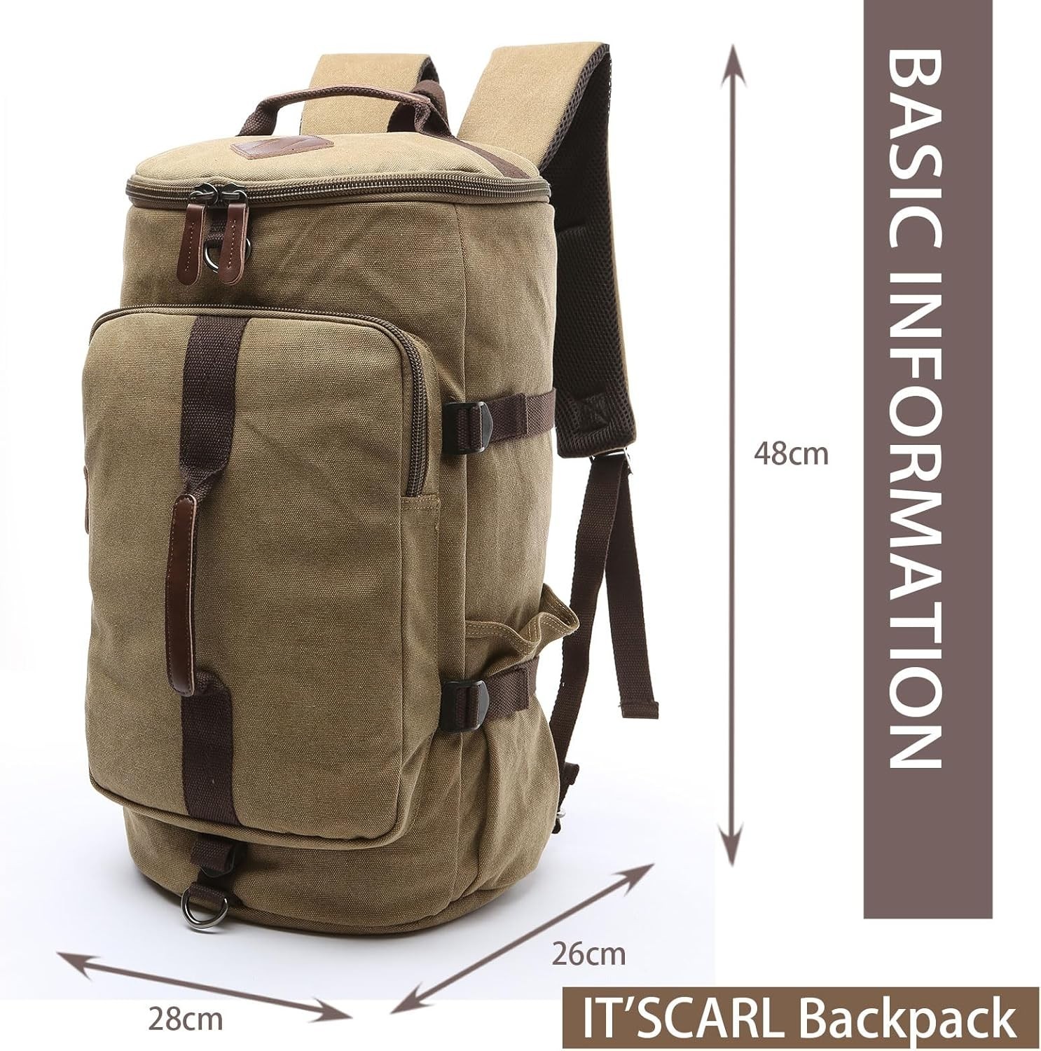 Large Canvas Travel Backpack for Men Carry On Work Bag Khaki