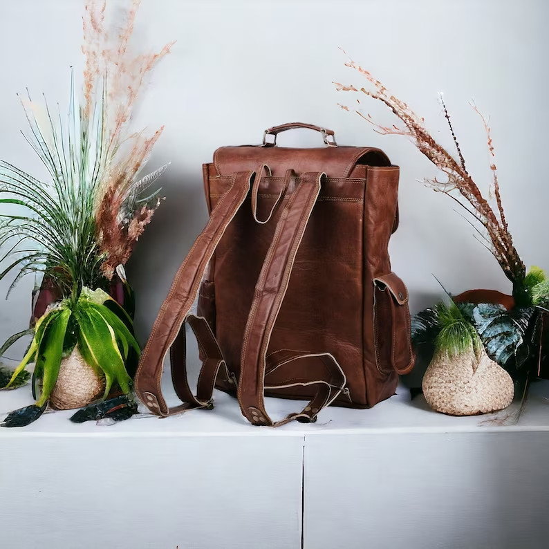 Genuine Leather Backpack . Strong & Durable Brass Fittings & Buckles, YKK Zipper