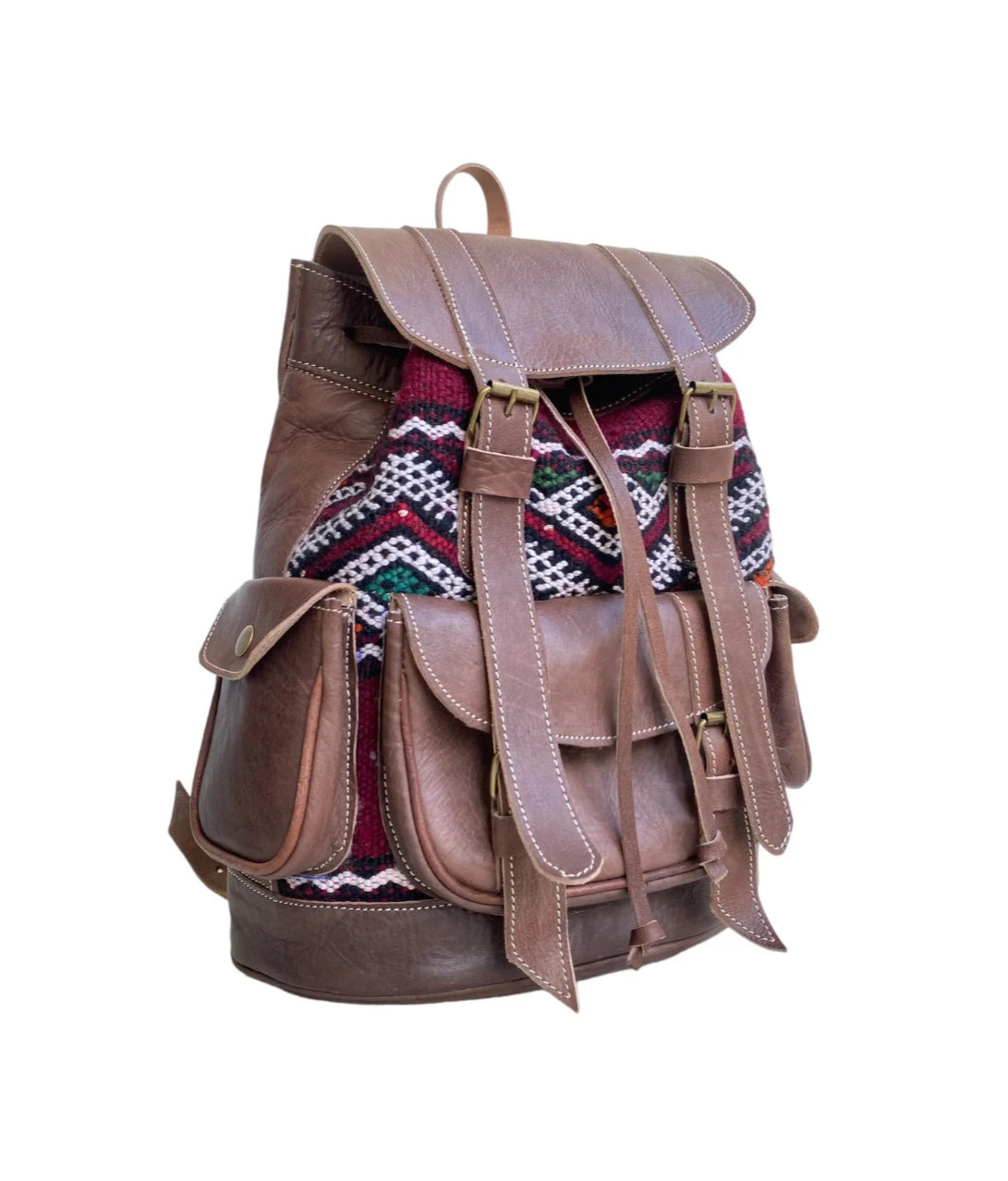 Handcrafted Genuine Leather & Red Kilim Backpack – Brown Leather | Leather Strap