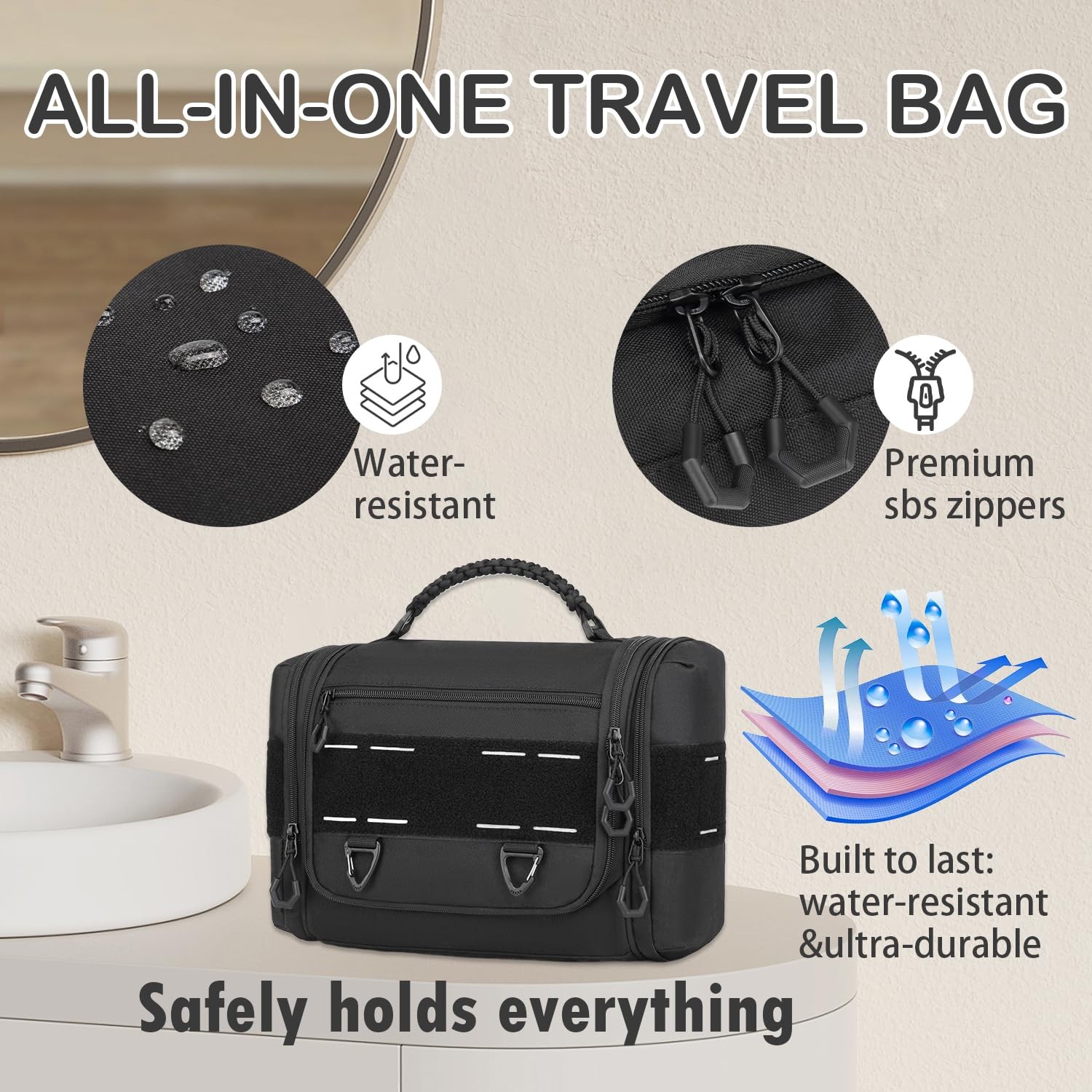 BISKLNDN Tactical Toiletry Bag for Men, Hanging 13.4″L x 5.9″W x 9.8″H, Black