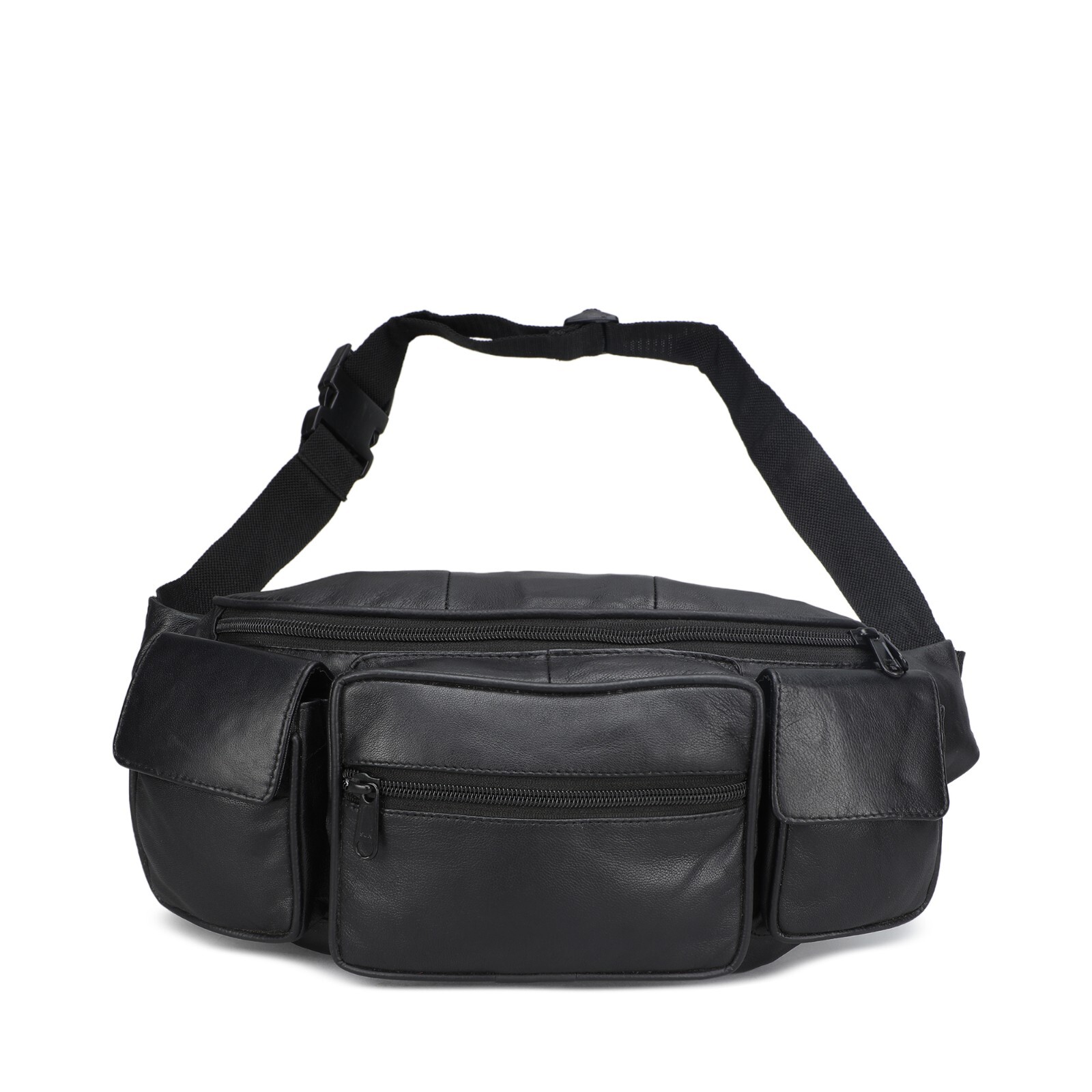 Large Black Solid Leather Waist Fanny Pack Belt Bag Travel Hip Purse