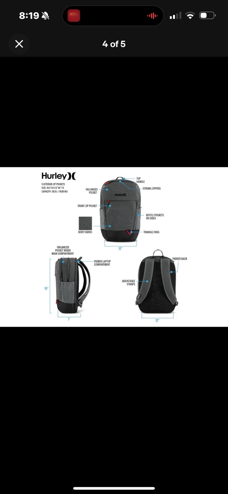 Hurley Mens Classic Peak Backpack Black 9A7390-023