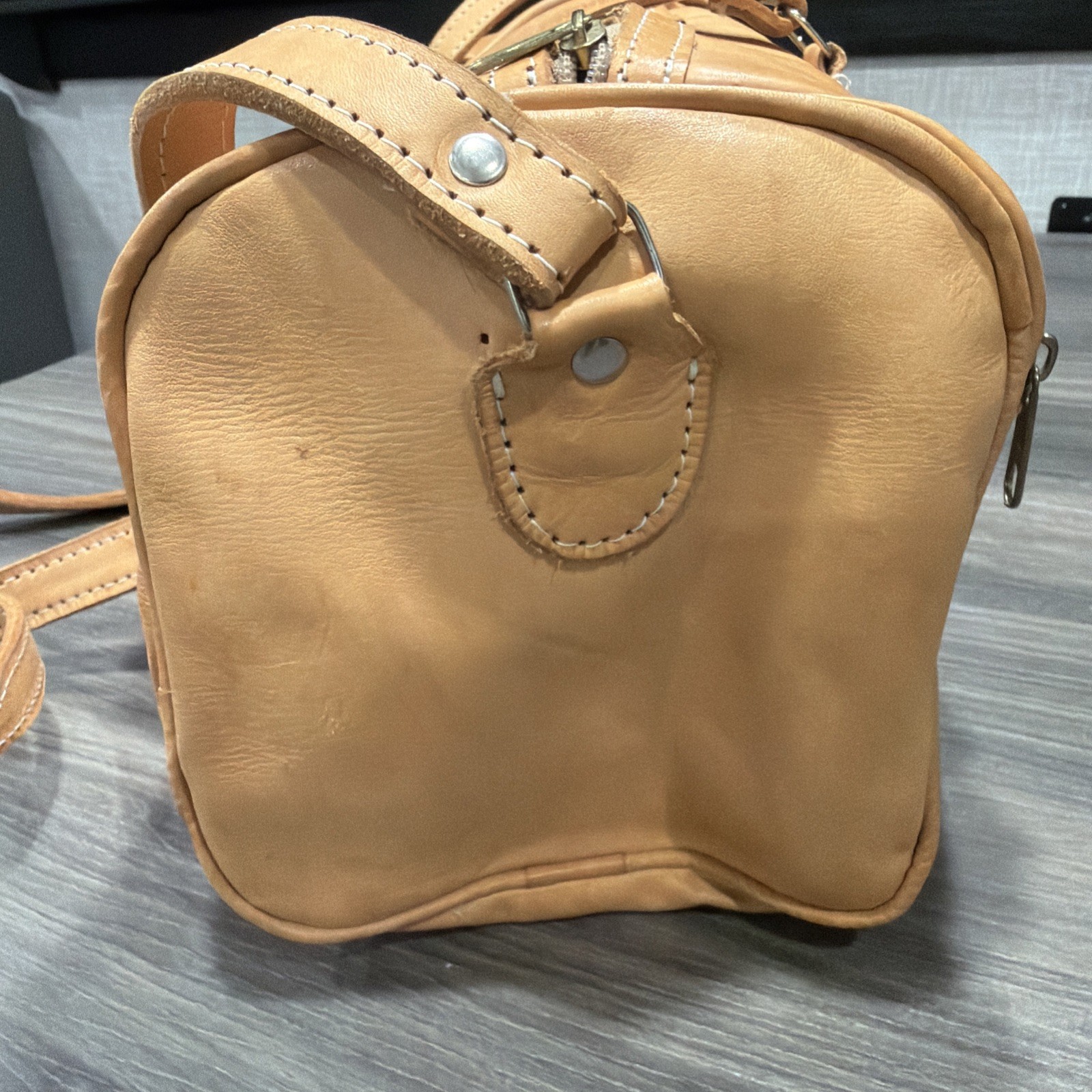 16 inch Handmade Leather Tan Small Duffle Purse Vintage Bag Boho Y2K