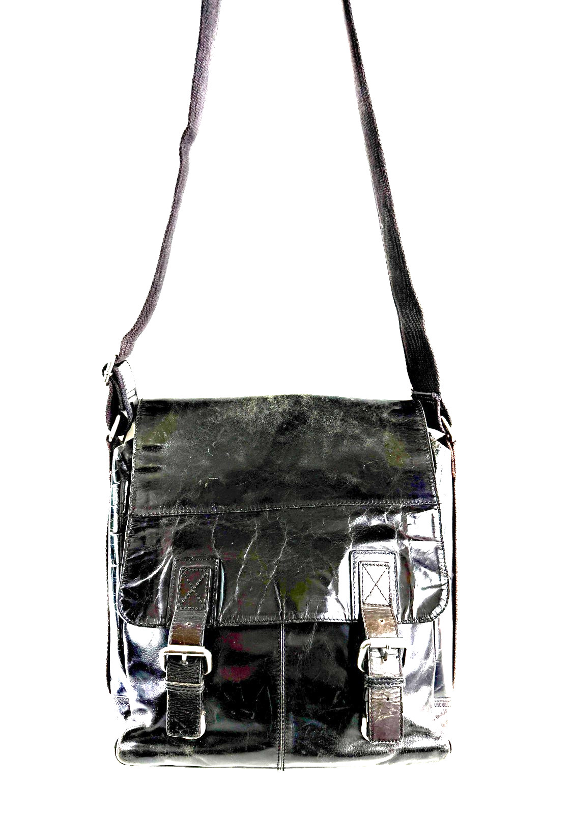 Fossil Black Leather Large Messenger Bag Push Latch Buckles Wide Strap