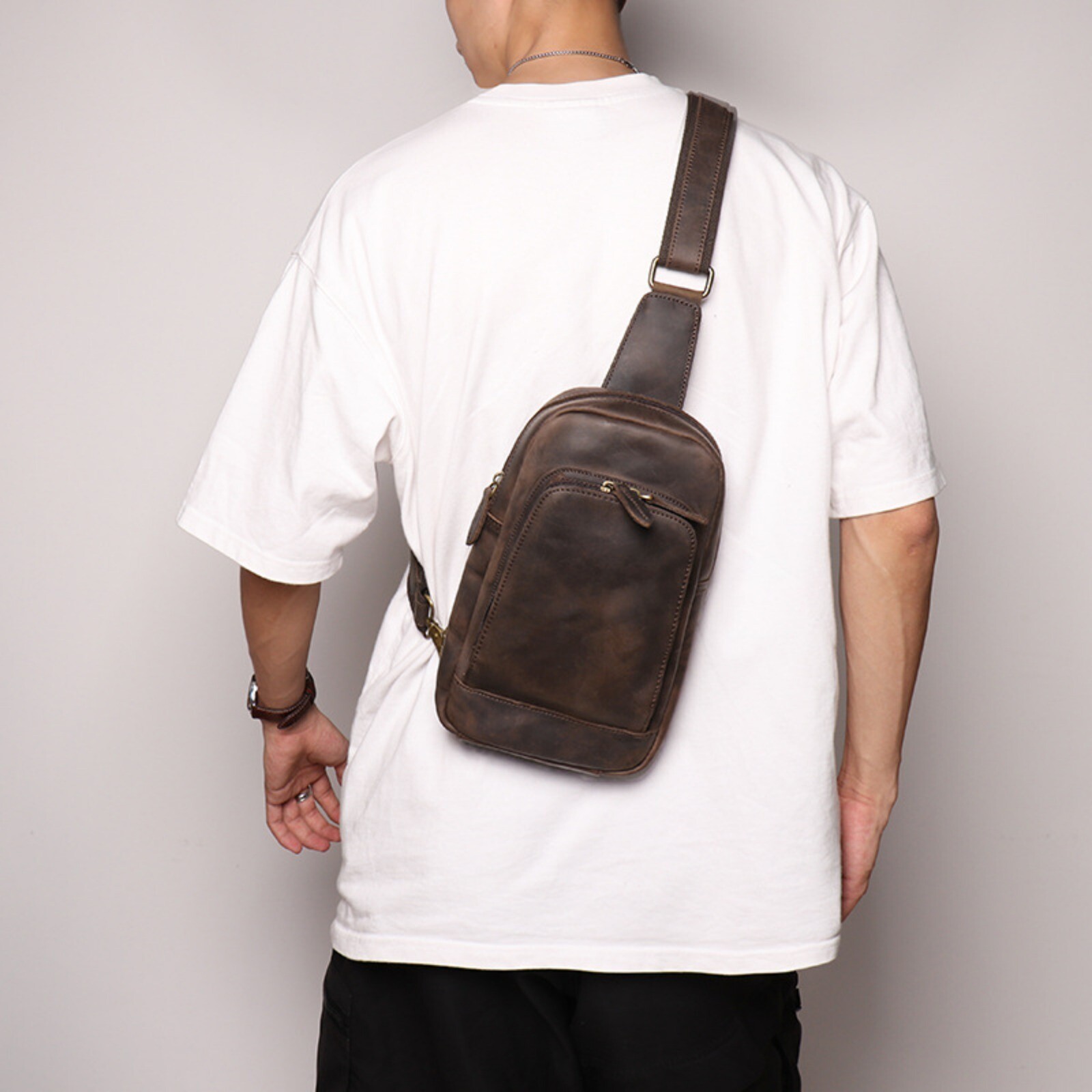 Men’s Leather Chest Sling Bag Crossbody Travel Backpack Shoulder Pack