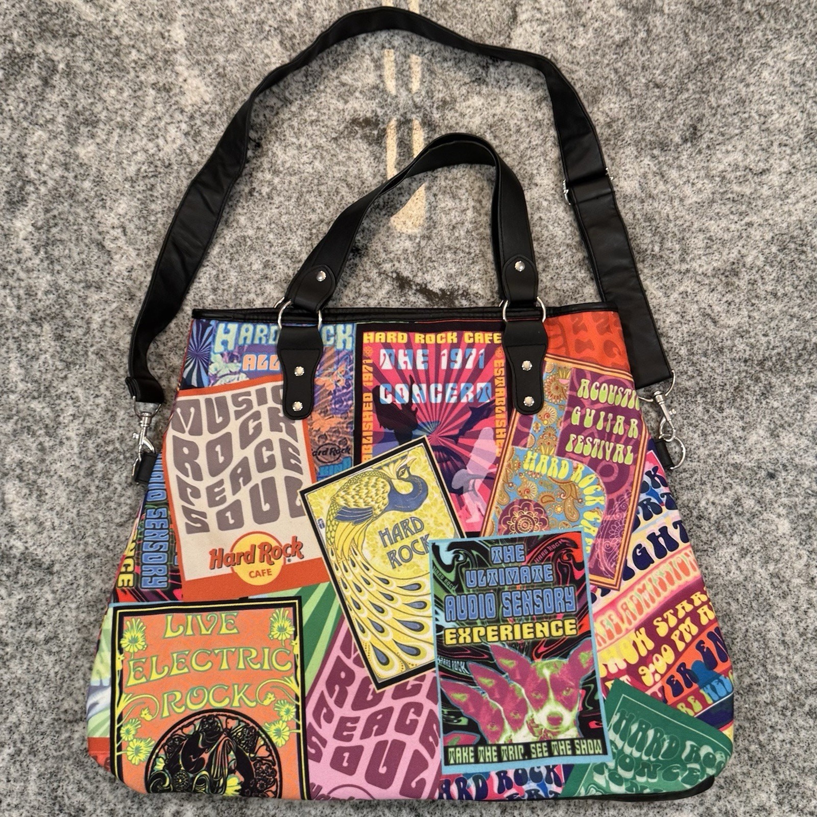 Hard Rock Cafe Concert Poster Graphic Messenger Tote Bag Purse Retro Boho *READ