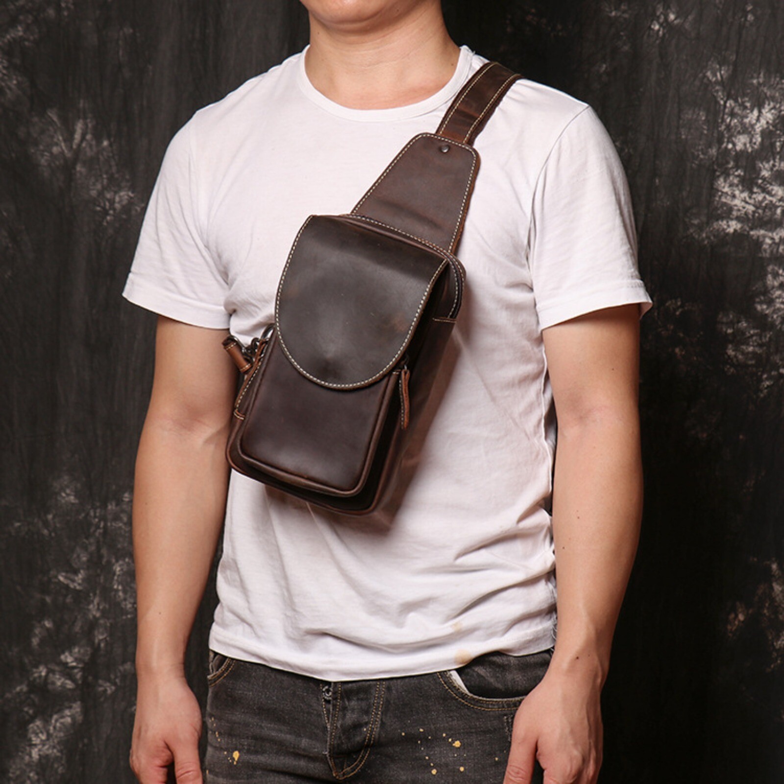 Men’s Leather Crossbody Sling Bag Chest Bag Vintage Shoulder Bag