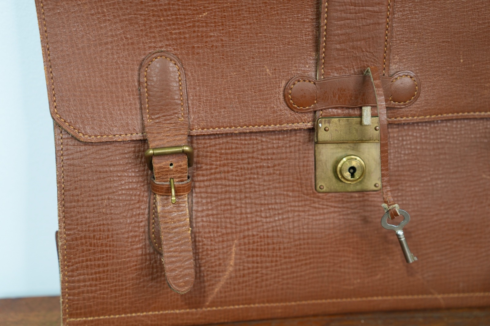 VTG Brown Leather Attache Briefcase Portfolio Document Bag w/ key 1940s Japan