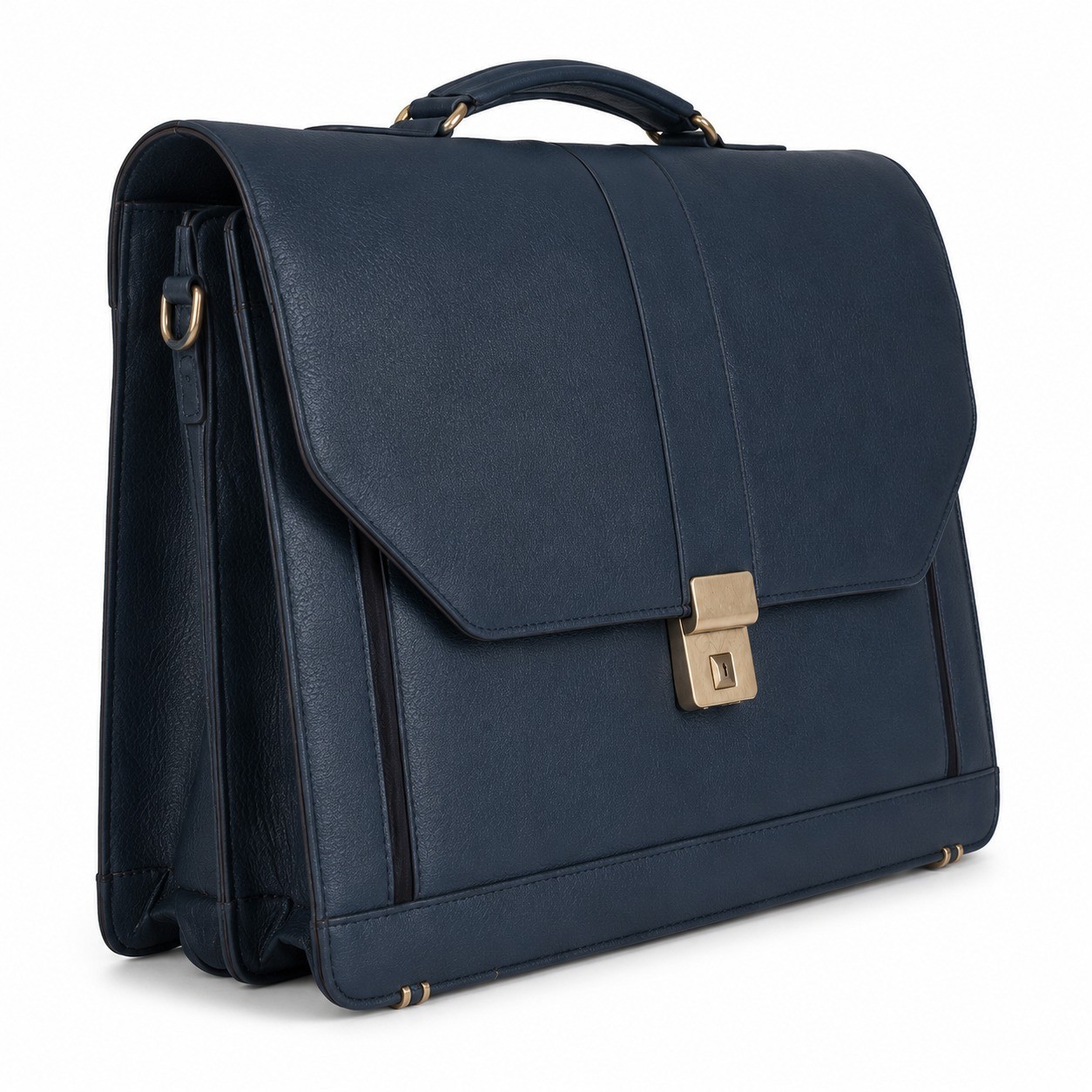 Navy Blue Genuine Leather Briefcase Push Lock Gold Hardware Handmade Bag New