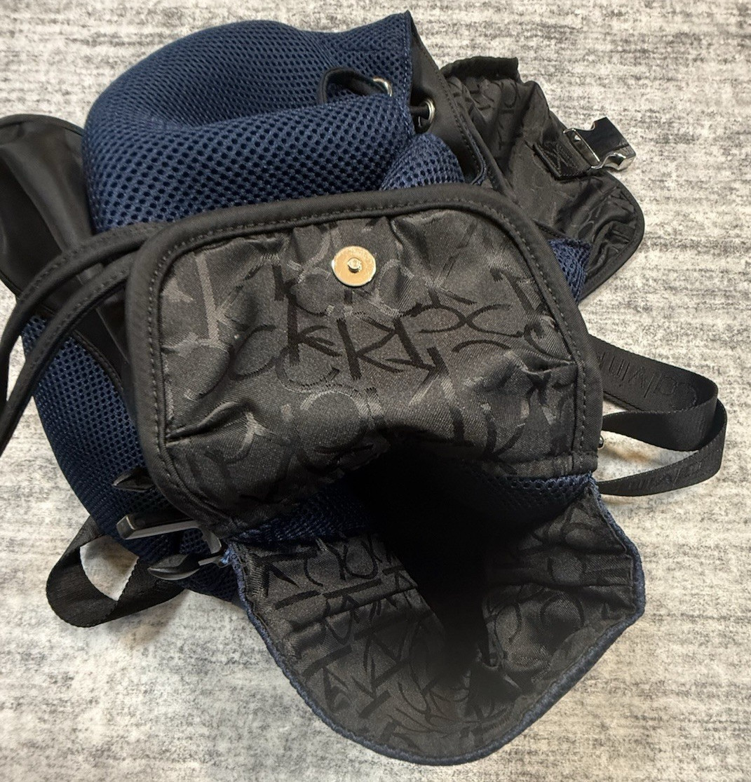 Calvin Klein Flap Top Flap Black/Blue Fabric Weave 18″ Backpack Pockets Logo