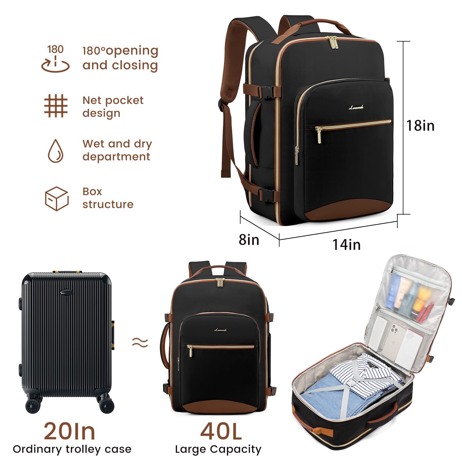 40L Large Travel Backpack for Women Men, 17 Inch Carry on Backpack for Travel…