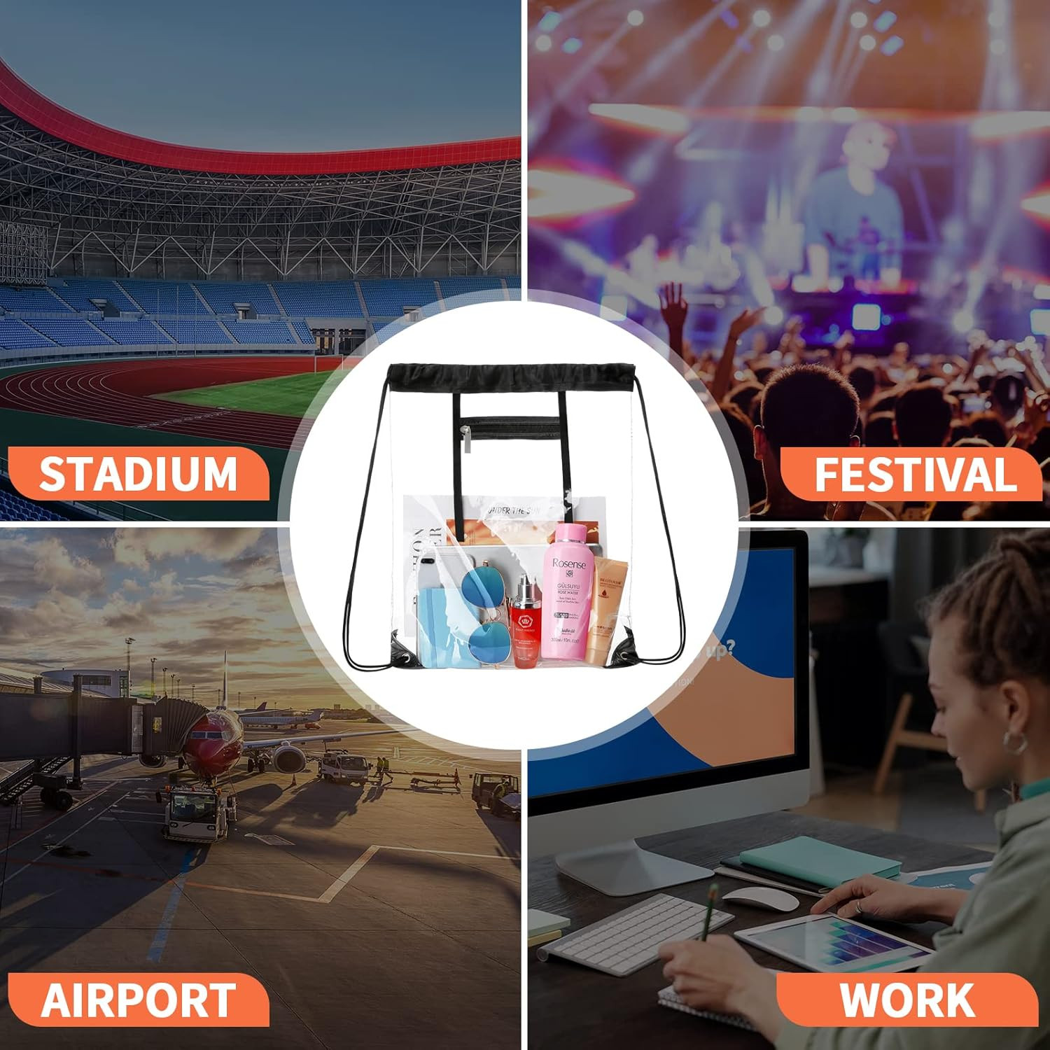 NATURAL STYLE 2 PACK Clear Drawstring Bag Stadium Approved, See through PVC Draw