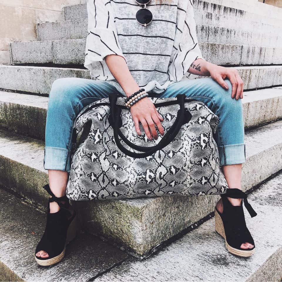 Snakeskin Weekender Tote Duffle Bag Soft Material White Black