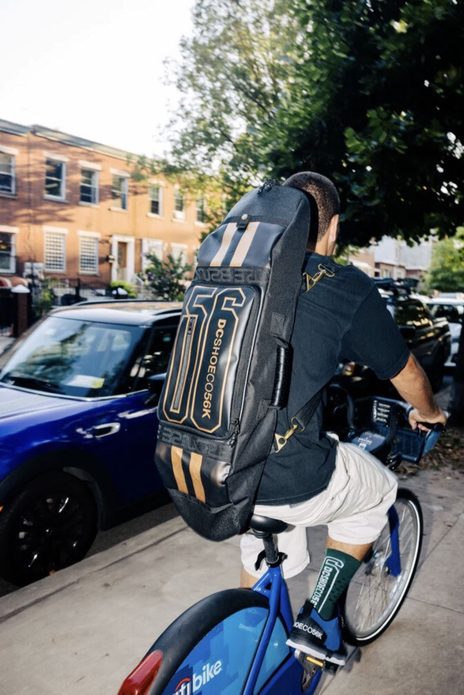 DC x Bronze 56K Skate Travel Bag Backpack Holds COMPLETE Skateboards Gold Black