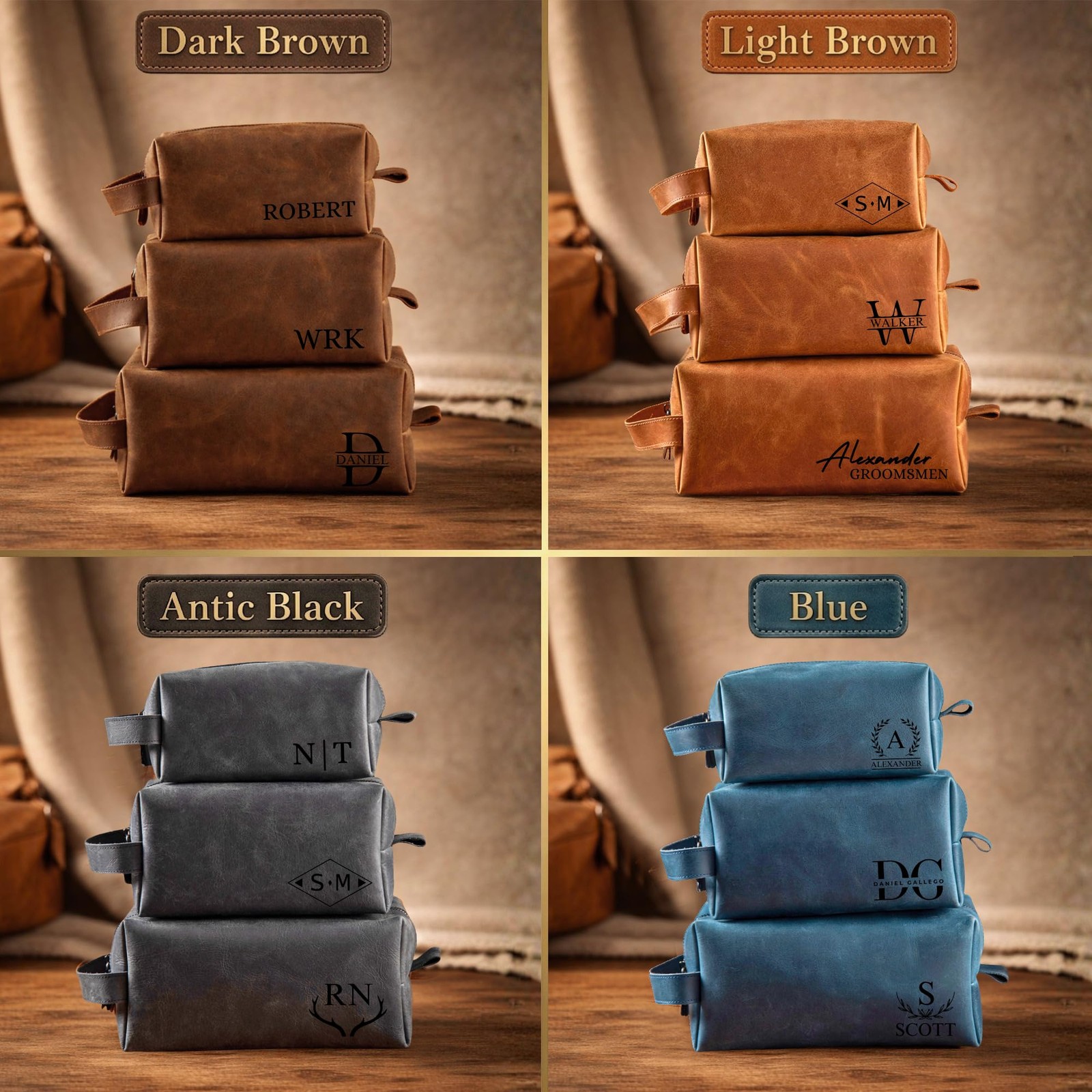 Personalized Leather Toiletry Dark Brown, Light Antic Black, Navy Blue