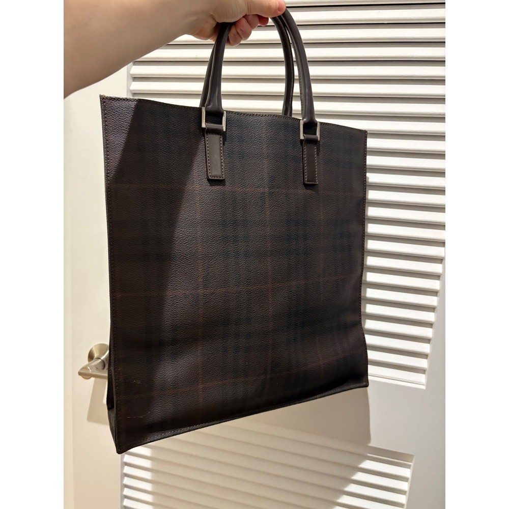 Burberry London Mens Smoked Check Tote Bag Brown Leather Trim Made in Italy