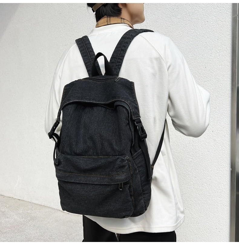 Classic Retro Denim Backpack Y2K Aesthetic Shoulder Bag Lightweight Daypack C…