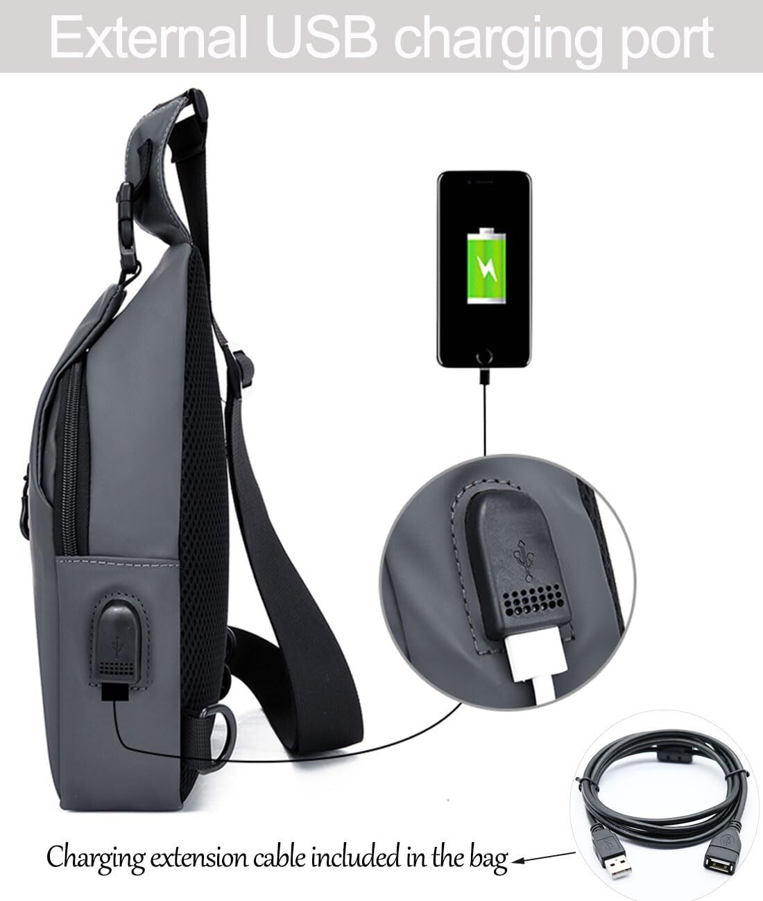Mens Sling Backpack Waterproof Anti-theft Shoulder Crossbody Bag Chest USB Port