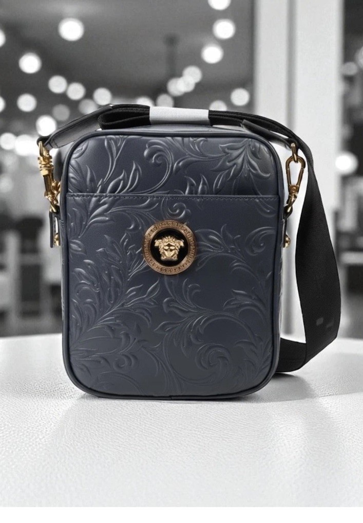 Versace Messenger Embrossing Calf Leather Barocc Navy Blue-gold $ 1500 Authentic