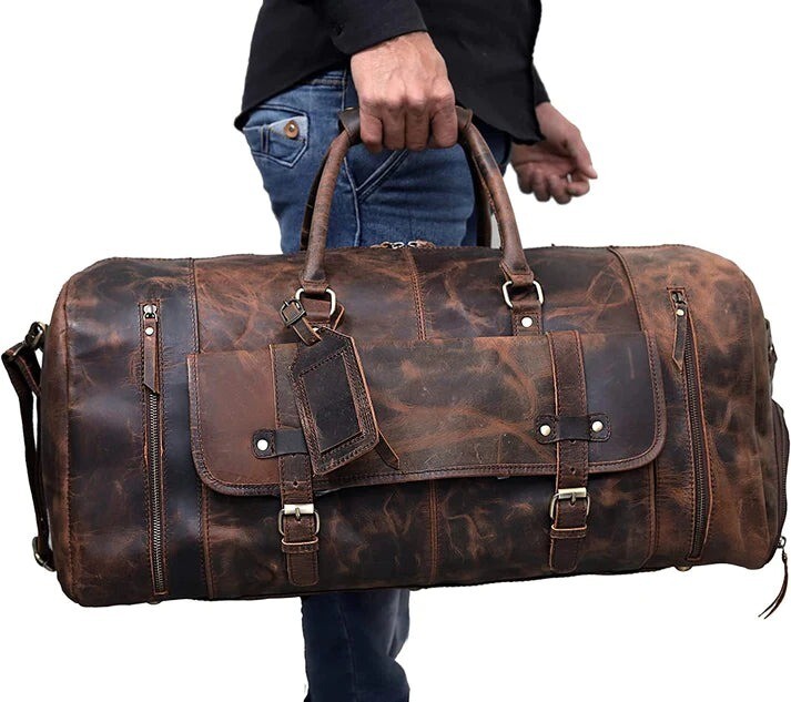 Vintage Buffalo Leather Duffel Bag 28″ Mens Travel Weekend Bag