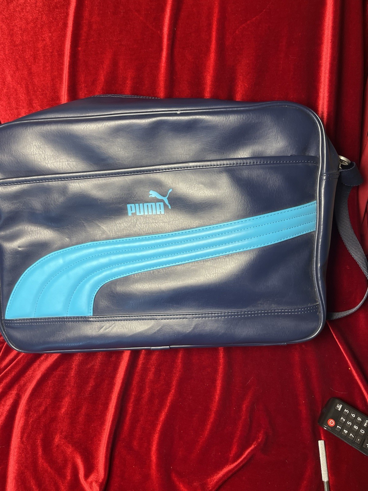 PUMA Messenger Bag Teal Turquoise Blue Stripe 90’s Y2K Retro Vinyl Puma Bag GUC