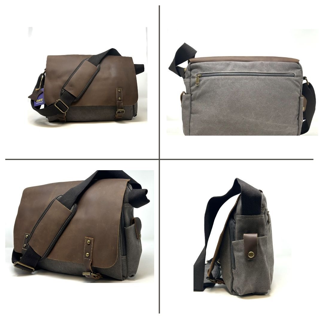 R&R Leather: Genuine Leather and Canvas Laptop Messenger Bag – Medium Grey