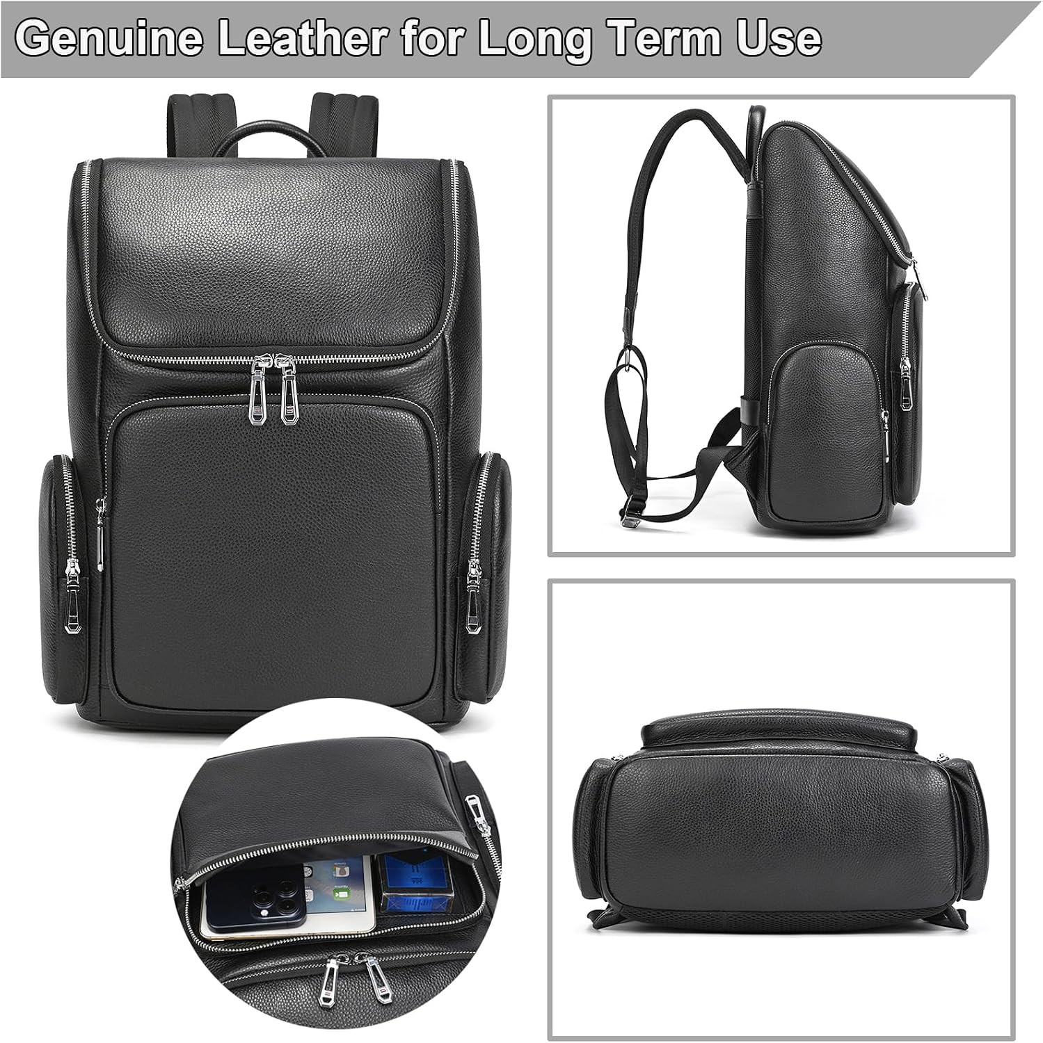 Genuine Leather Black Backpack – 15.6 Inch Business Laptop Backpack for Men & Wo