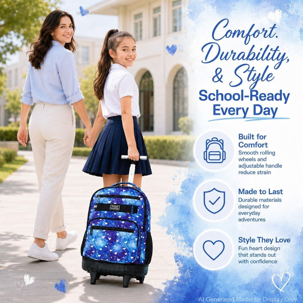 Rolling Backpack 19″ X 13″ X 8″ for Girls – 3-in-1 with Lunch Box & Pencil Bag