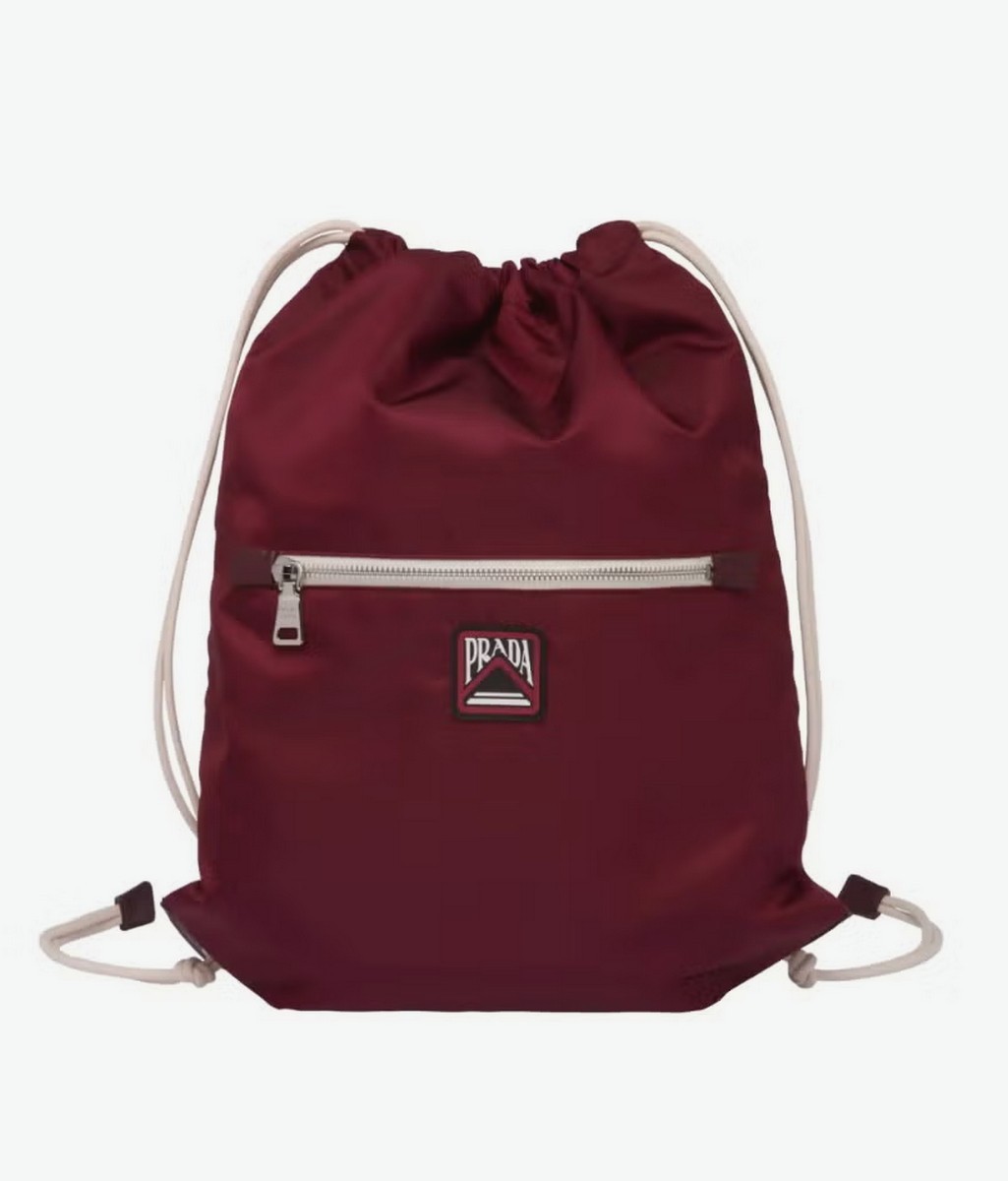 (NO CUSTOMS TAX) PRADA red Tessuto nylon drawstring backpack w leather accents
