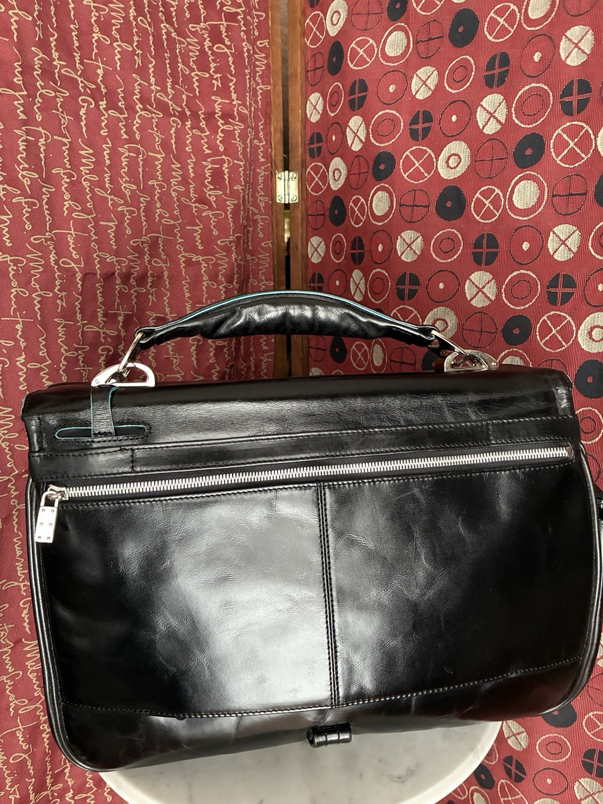Piquadro Blue Square Expandable Leather Briefcase 14x10x5 Black Luggage Sleeve