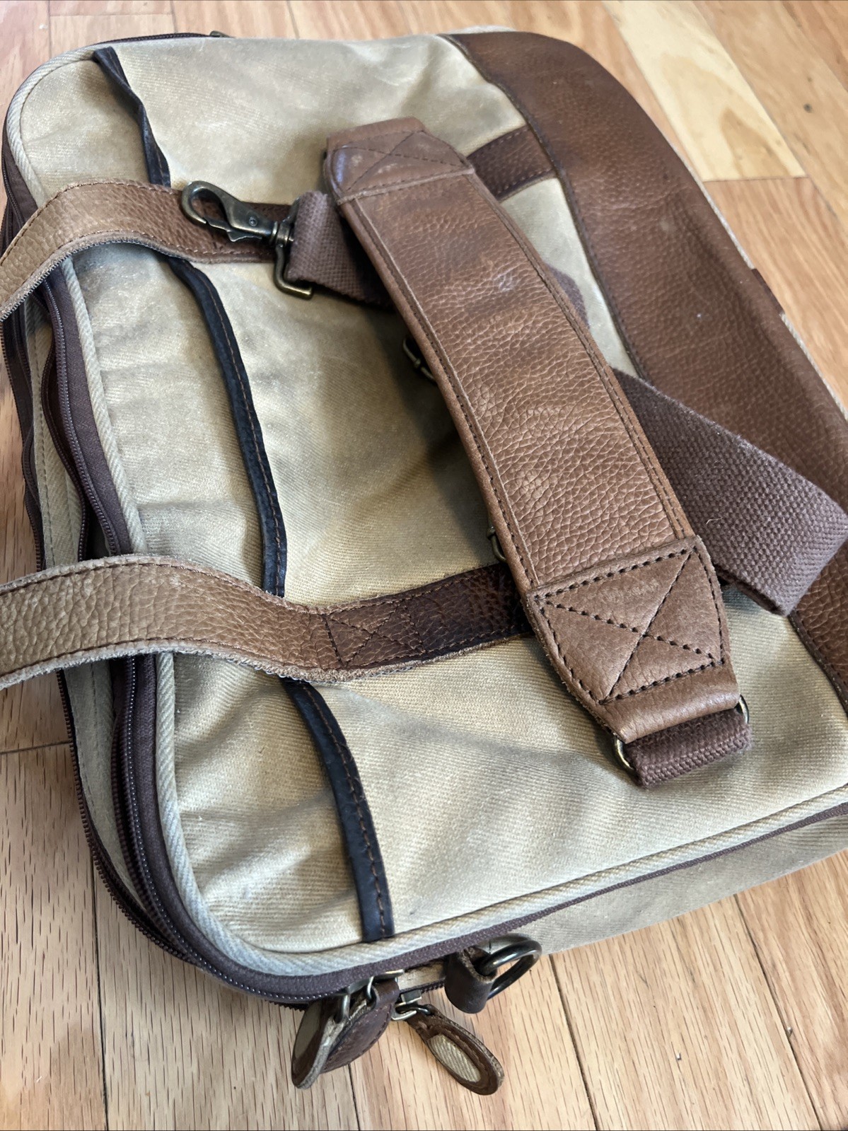 LL Bean Canvas Messenger Crossbody Bag Push Lock Leather Trim Tan Brown