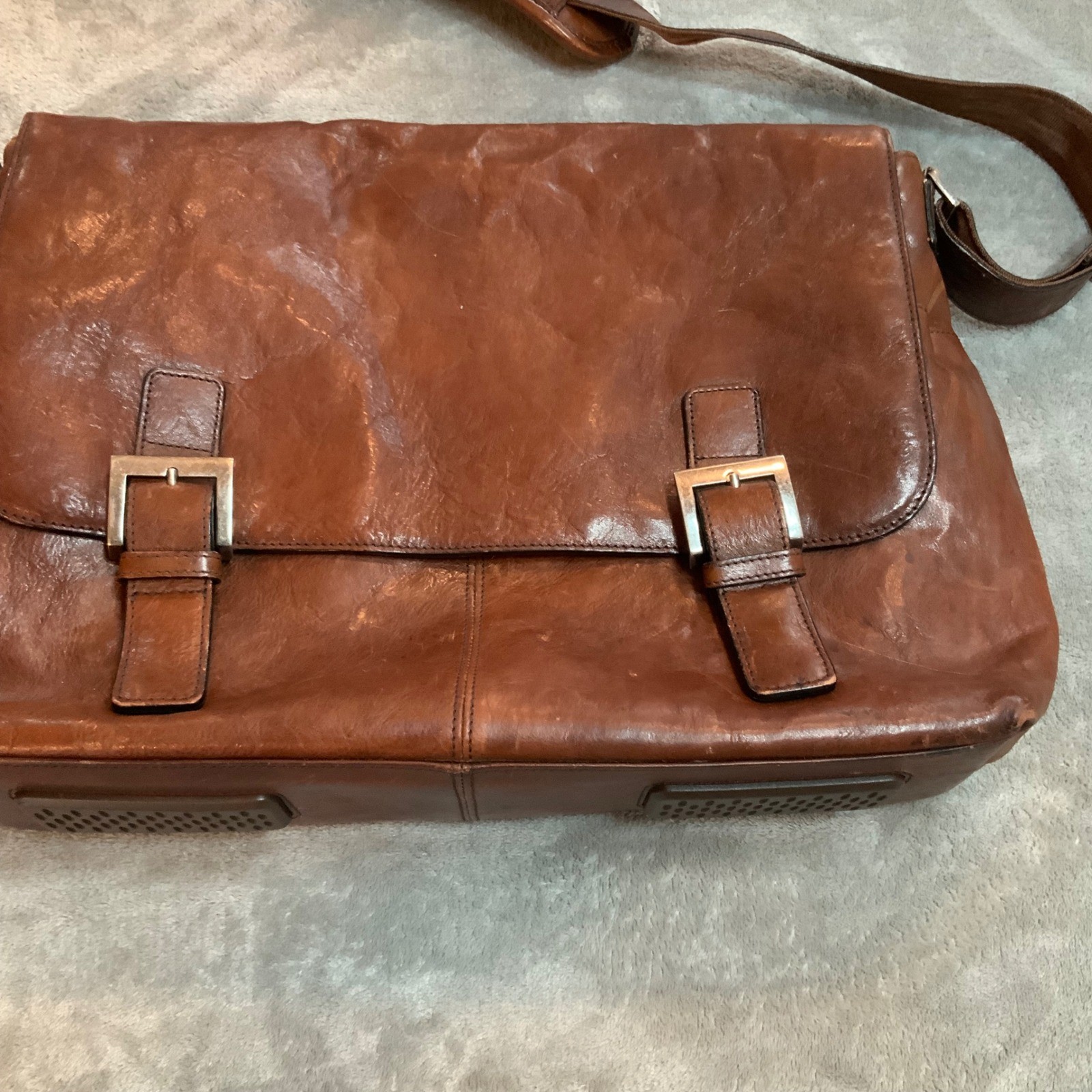 Johnston & Murphy Mens Brown Leather Messenger Bag Laptop Satchel Briefcase