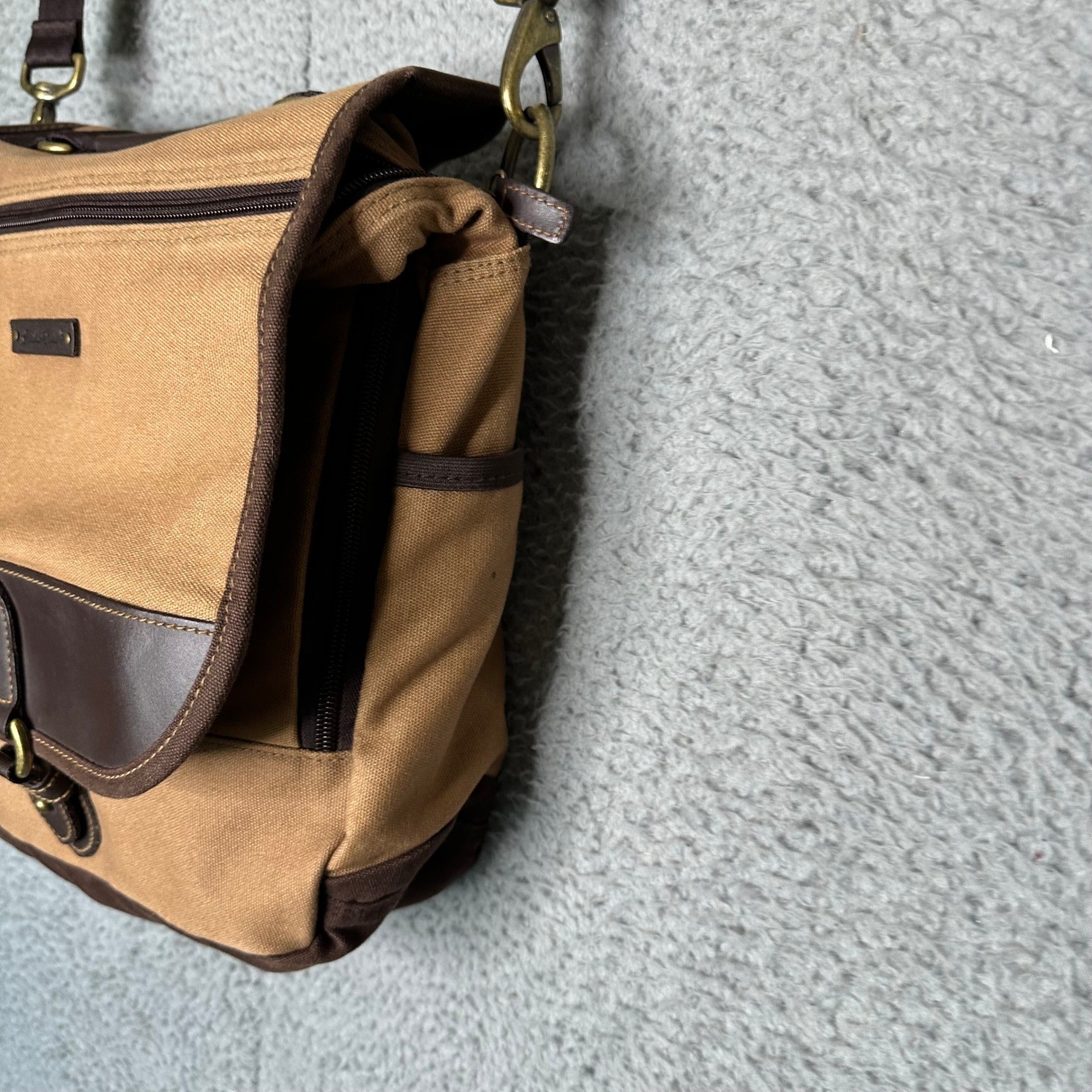 Eddie Bauer Tan Canvas Messenger Bag Brown Crossbody Satchel Brass Hardware