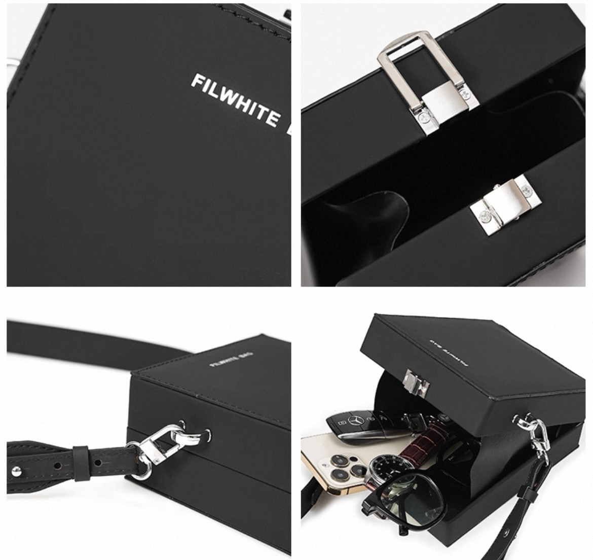 Korean Leather Box Bag Black Mens Fashion Streetwear Filwhite Matte