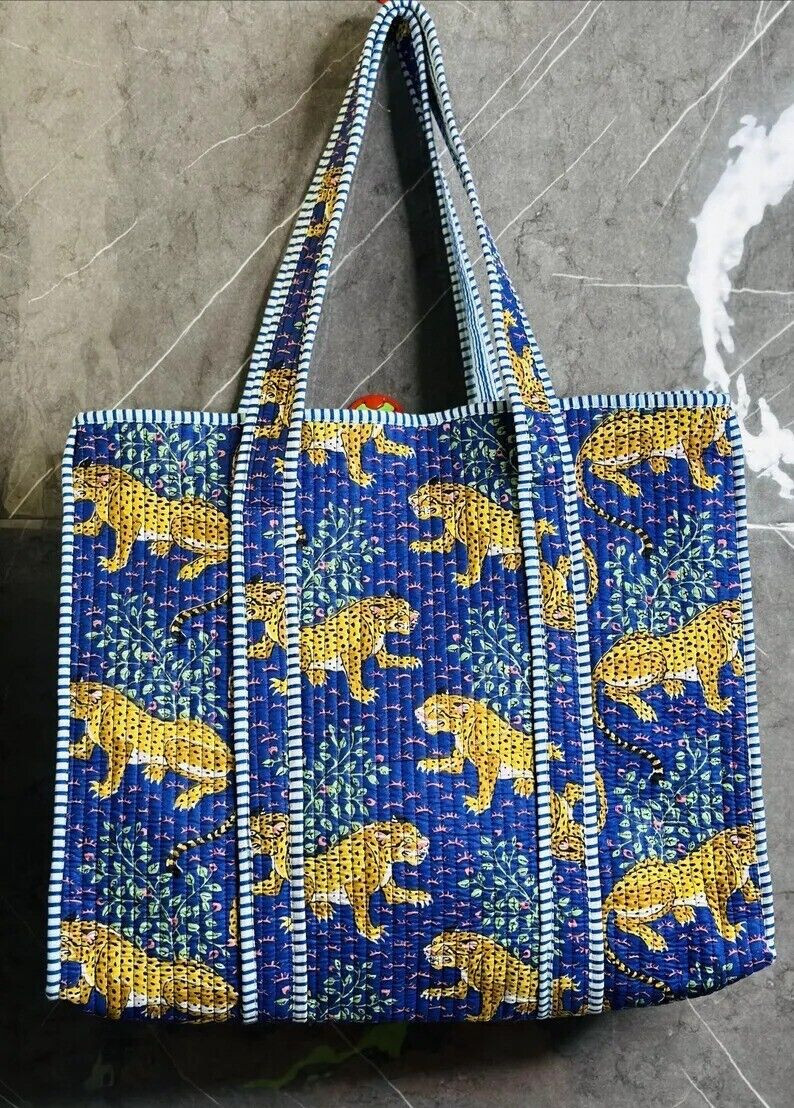 Multi Tiger Print Quilted Cotton Shoulder Bag Beach Style Women’s Handbag